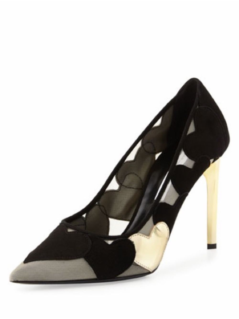 Diane von Furstenberg Love Heart Sheer Mesh Suede Black Gold Heel Pumps NWB Sz 6